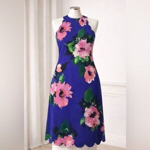 Floral Halter A-Line Dress in Royal Blue and Pink